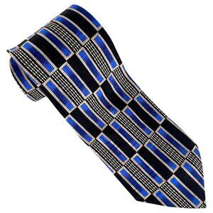 Louis Roth Mens Silk Tie Blue & Black Geometric Art Deco Pattern Hans Sewn Italy